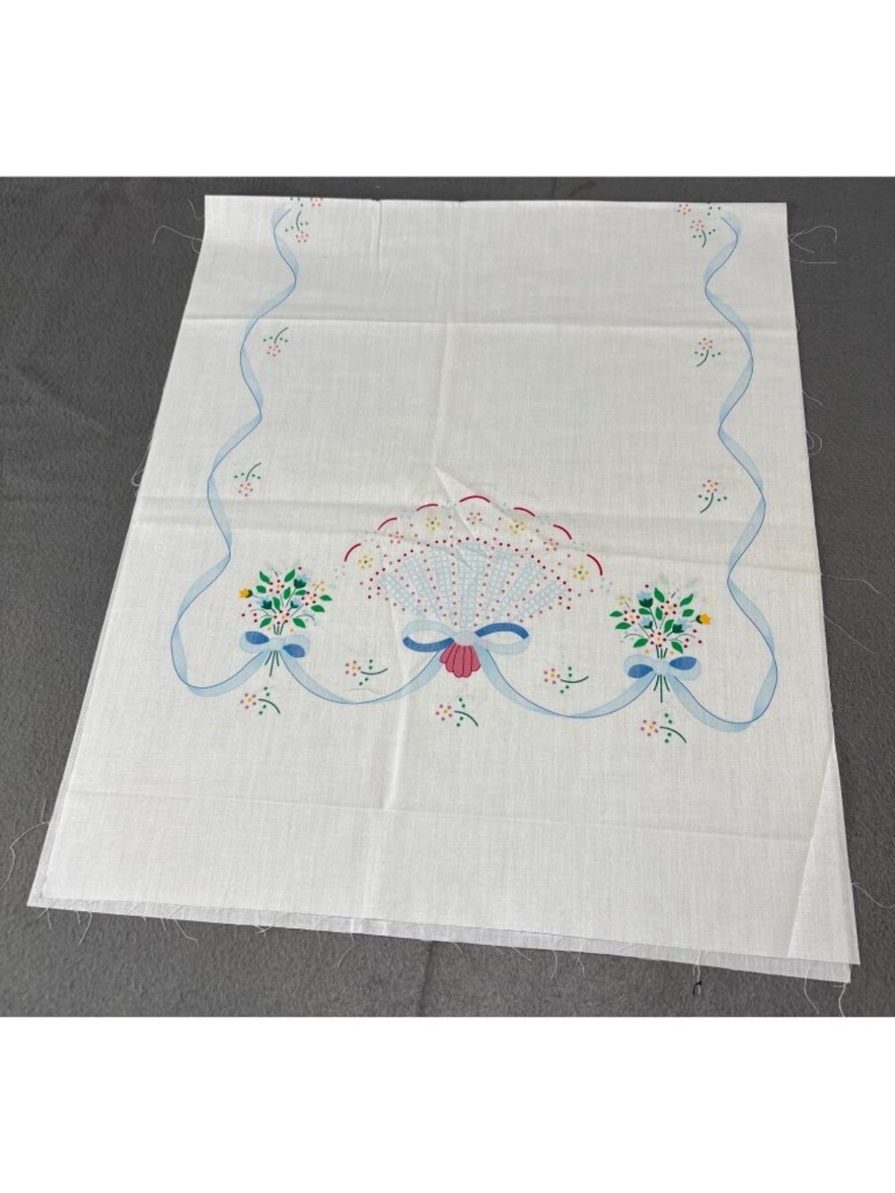 Stamped Embroidery Table Runner White Cotton Blue Ribbons Floral Craft 34"x28"